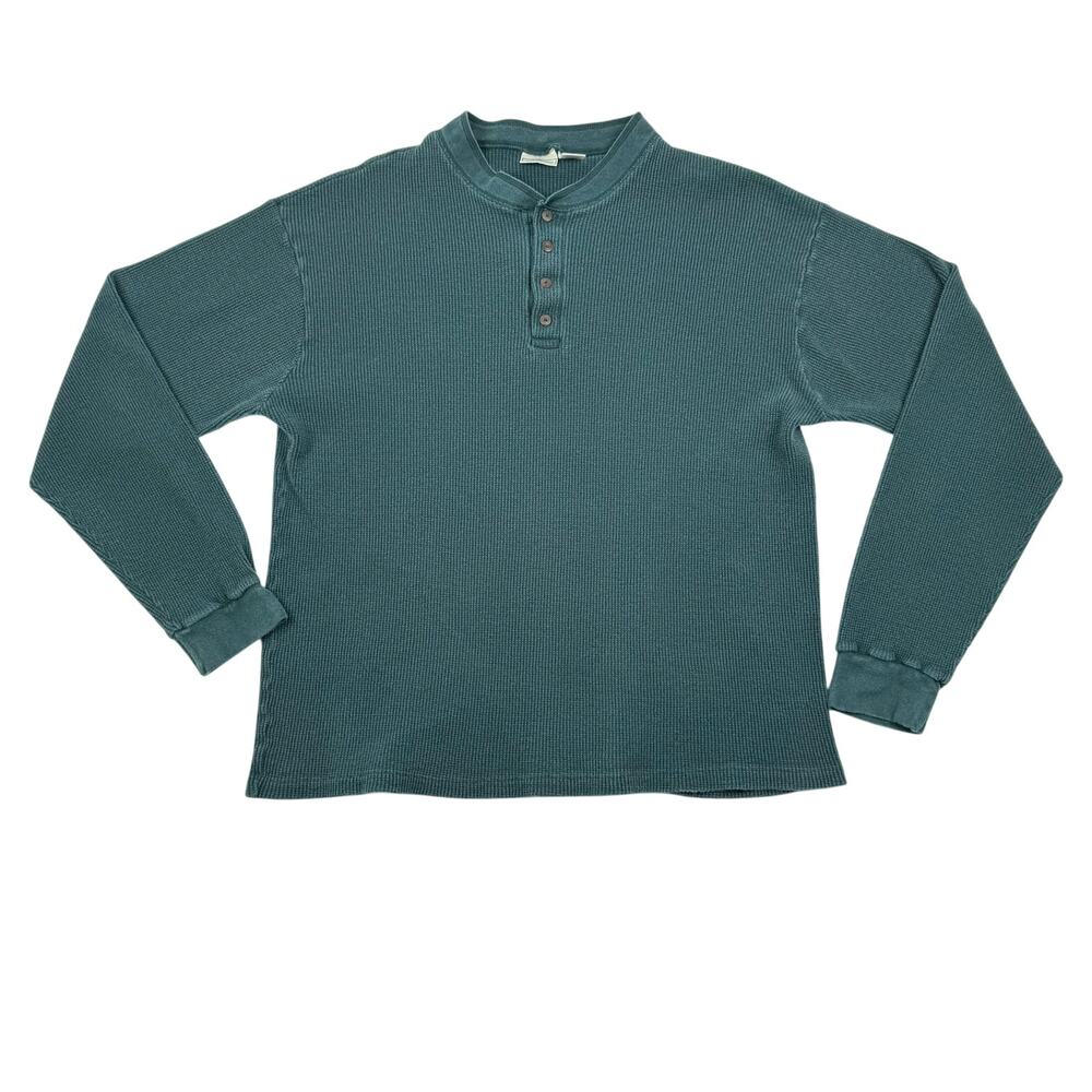 Vintage L.L. Bean Waffle Knit Henley Forest Green USA Made Large Cozy Winter